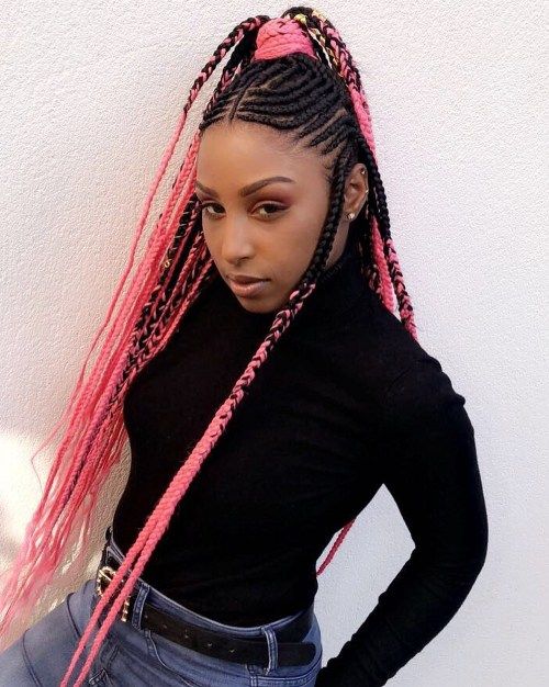Фулани Braids with Bright Pink Yarn Extensions
