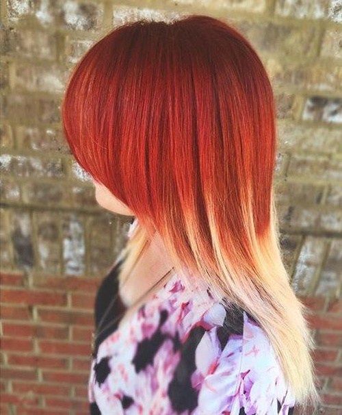Červené to blonde ombre for medium hair