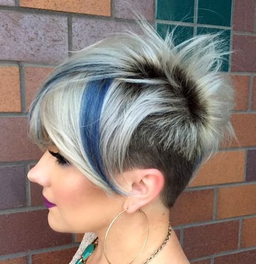 страхлив blonde pixie with dark roots and blue highlights