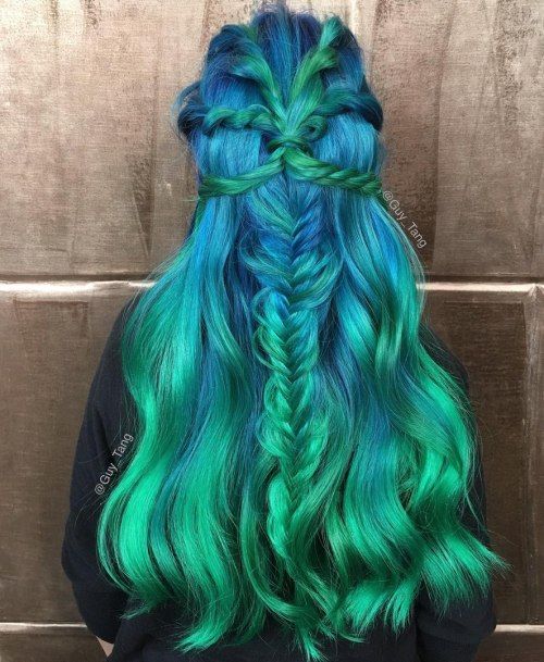 Син To Teal Long Ombre Hair