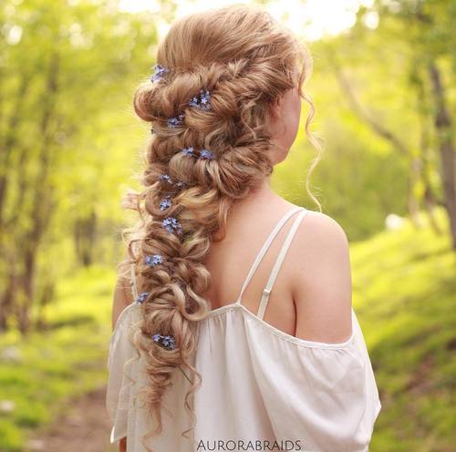 къдрав downdo with flowers for long hair 