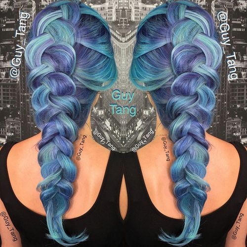 pastel blue hair with purple highlights