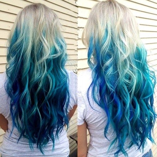 пепел blonde to blue long ombre hair