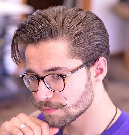 elegantní back medium hairstyle and hipster moustache 