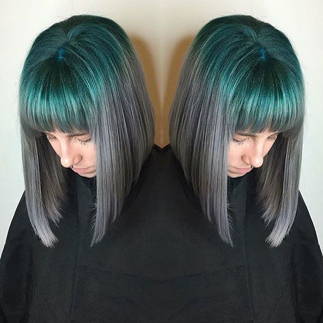 Teal To Gray Lob With Bangs