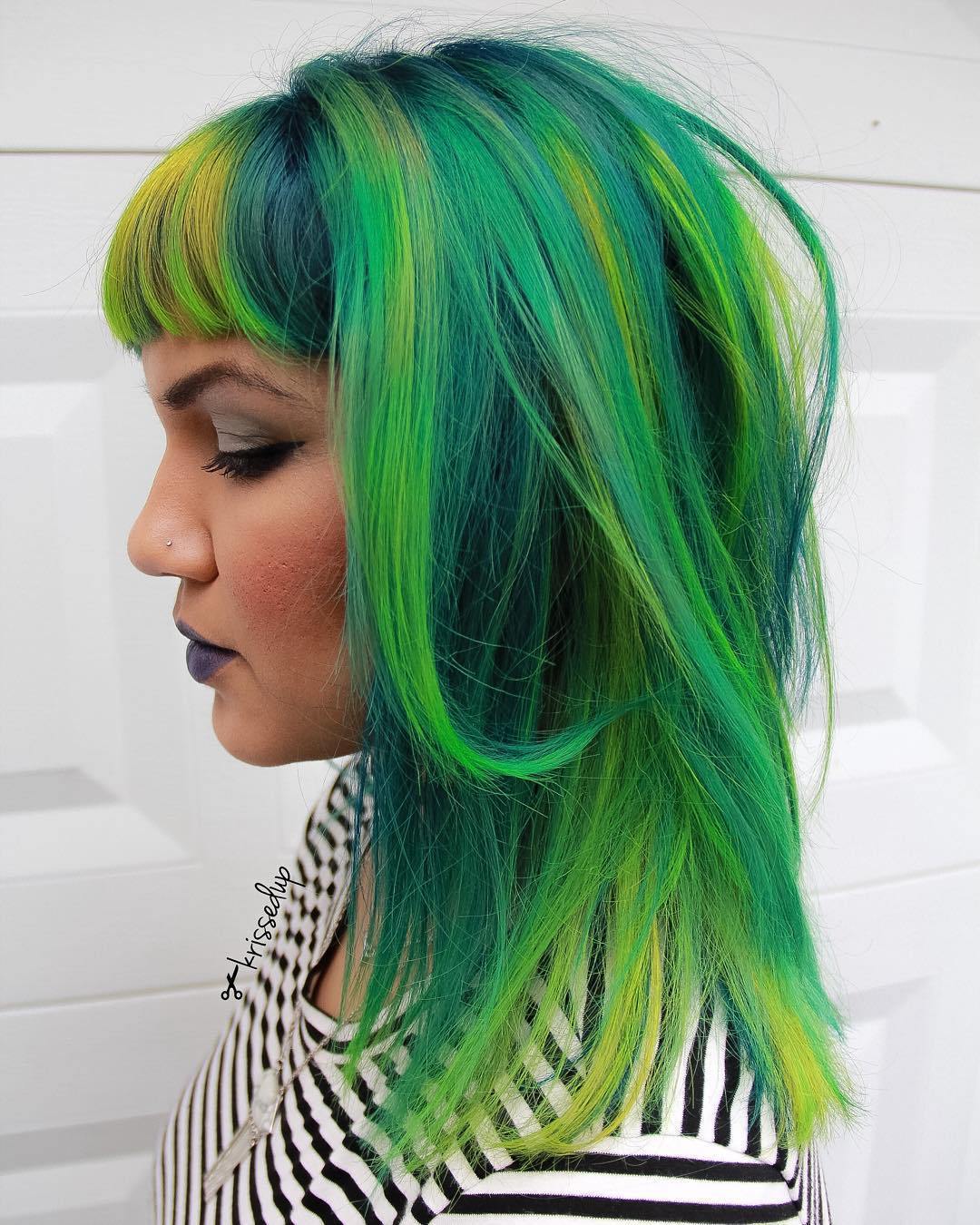 Teal Hair With Lime And Yellow Highlights