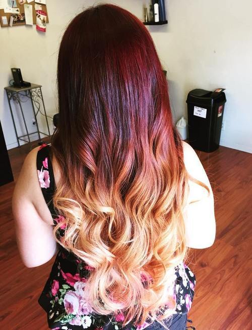 кафяв to blonde ombre with red balayage