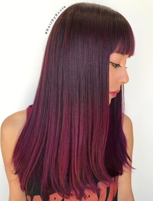дълго Burgundy Ombre Hair With Bangs