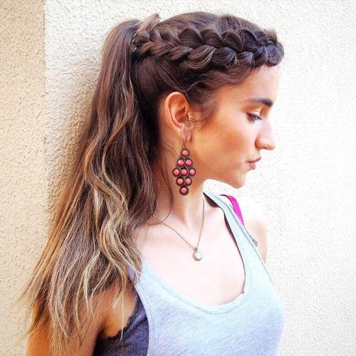дантелен crown braid and ponytail hairstyle