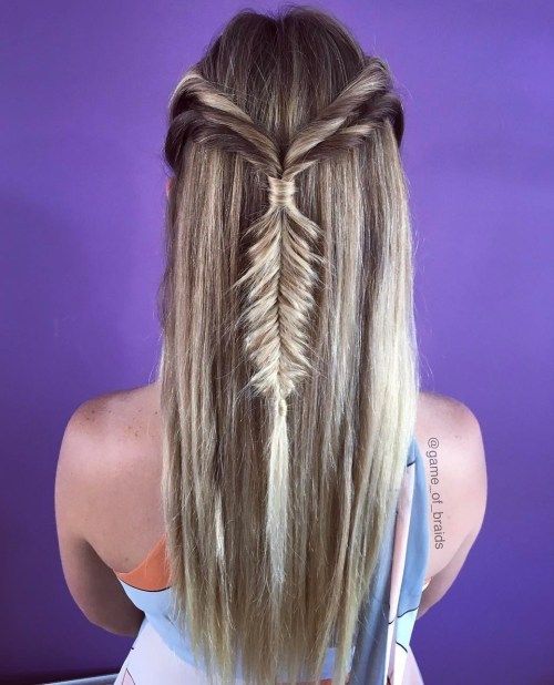 наполовина Updo With Fishtail Braid For Long Hair