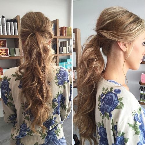 дълго curly pony with a bouffant and braid