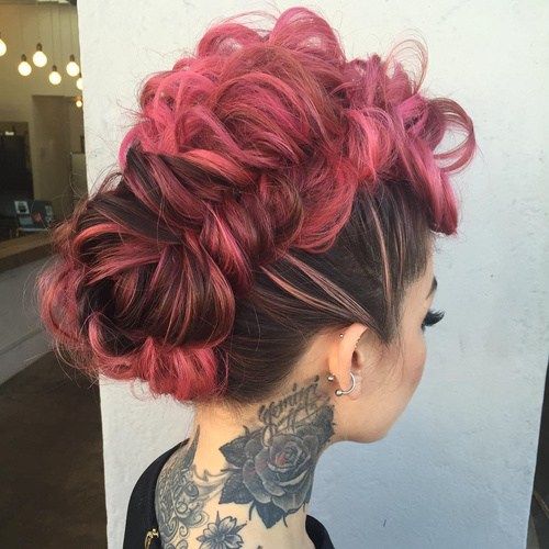 розов funky mohawk updo with messy fishtail braid