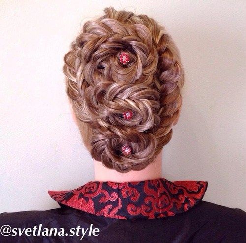 три braided flowers updo with fishtail braids