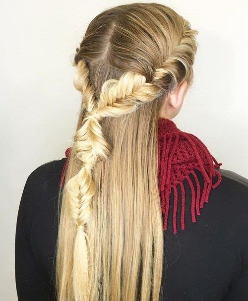 творчески half up hairstyle with fishtail braid