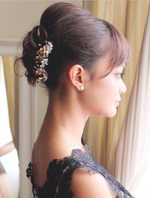 Updo With Bangs And Bouffant For Short Hair