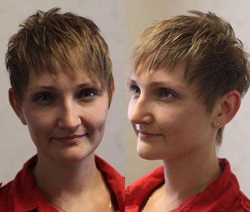 Дами's short spiky hairstyle for fine hair