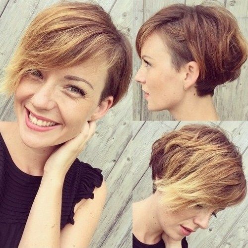 дълго asymmetrical pixie with golden blonde highlights