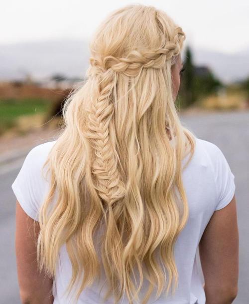 наполовина updo with crown braid and fishtail