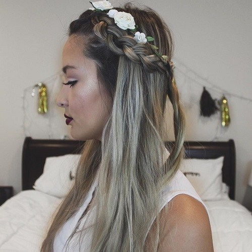 Polovina Up Braided Hairstyle With Flowers