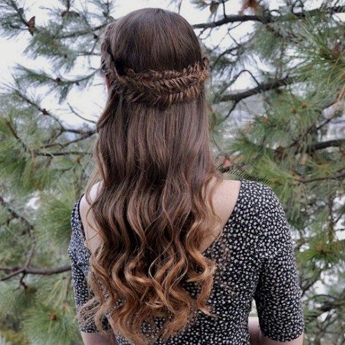 наполовина updo with fishtail crown braid