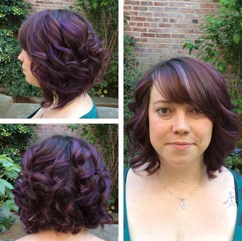 Temný brown hair with purple highlights and bangs
