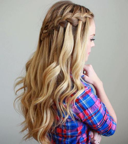 polovina updo with waterfall braid and curls