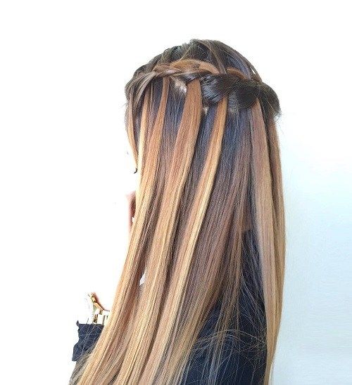 hnědý and caramel waterfall braid hairstyle