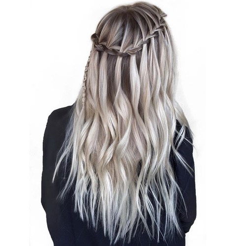 dlouho ash blonde balayage hair with waterfall braid