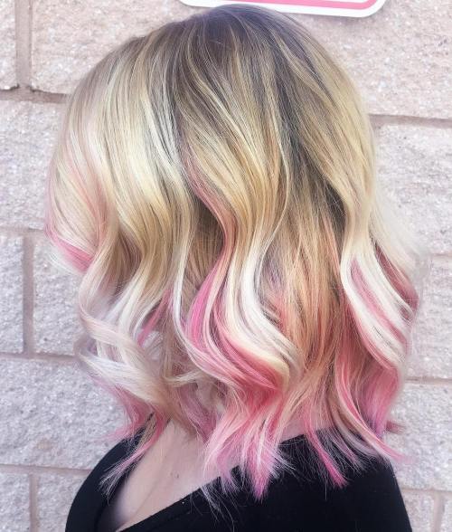 blondýnka lob with pastel pink highlights