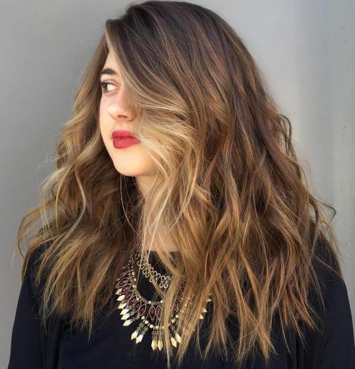 Dlouho Choppy Brown Hair With Blonde Balayage
