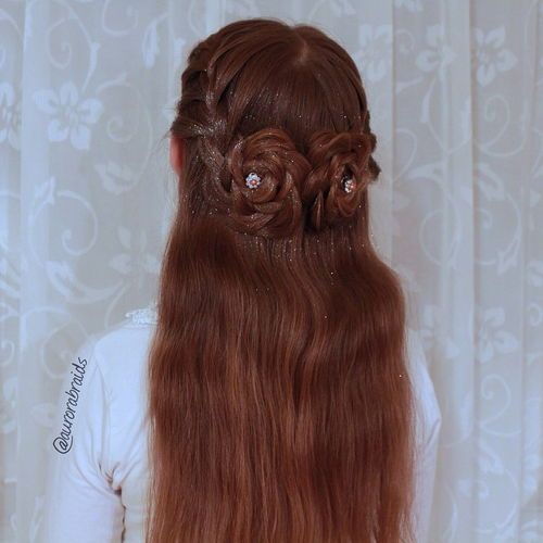 наполовина updo with braided flowers for long hair