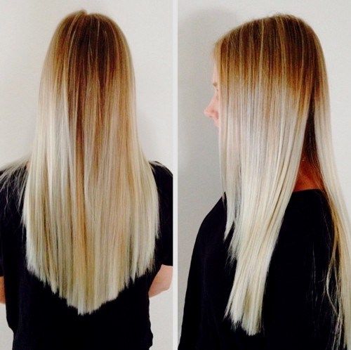 дълго blonde ombre hair with V cut
