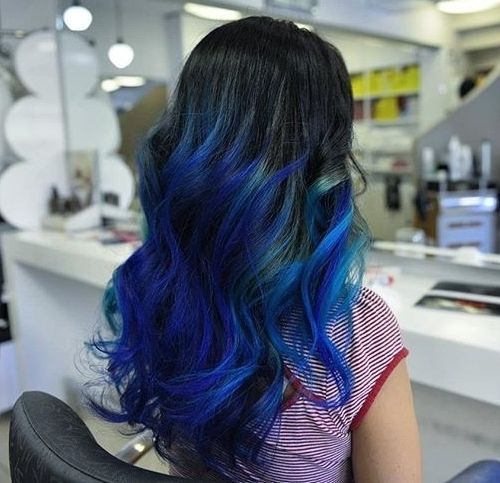 черно hair with electric blue ombre highlights