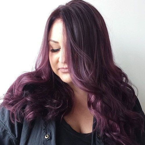 дълго black hair with ash purple highlights