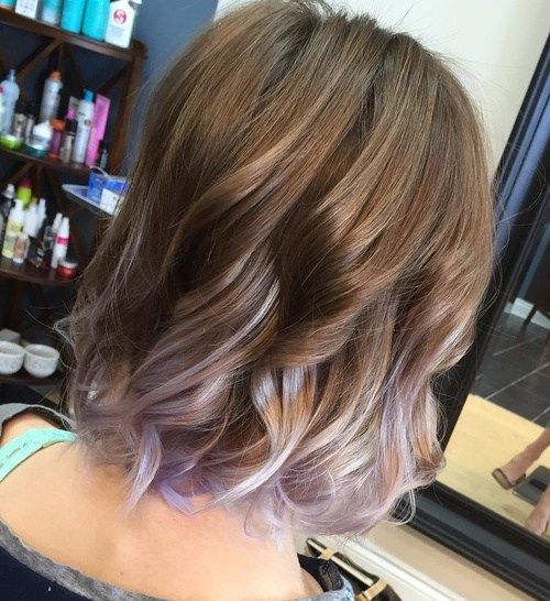světlo brown hair with silver and lavender balayage