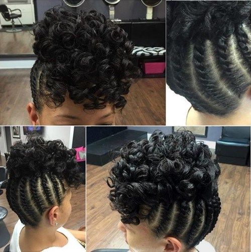 сплетена updo with a curly top for black hair
