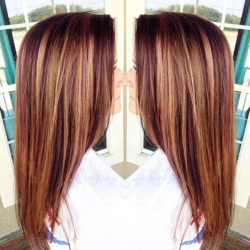 лилаво red hair with caramel highlights