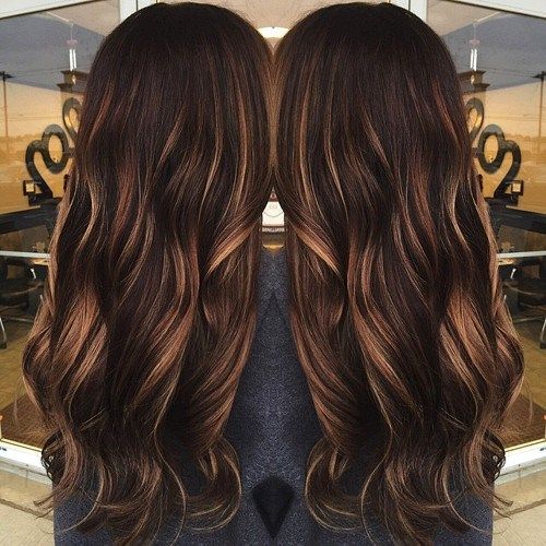 temný brown hair with caramel babylights