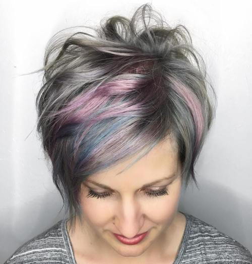 Šedá Long Pixie With Pink Highlights