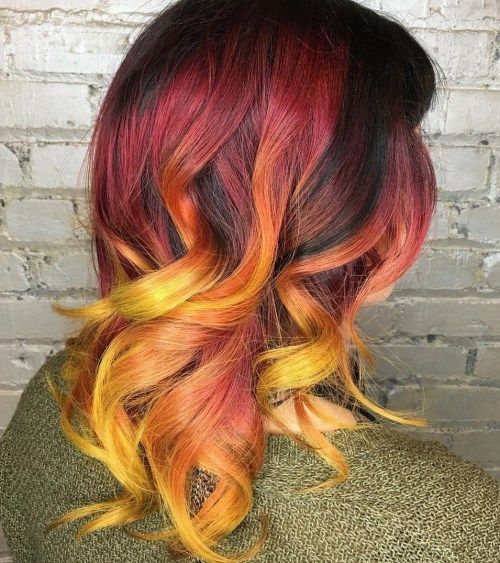 бордо and orange balayage hair