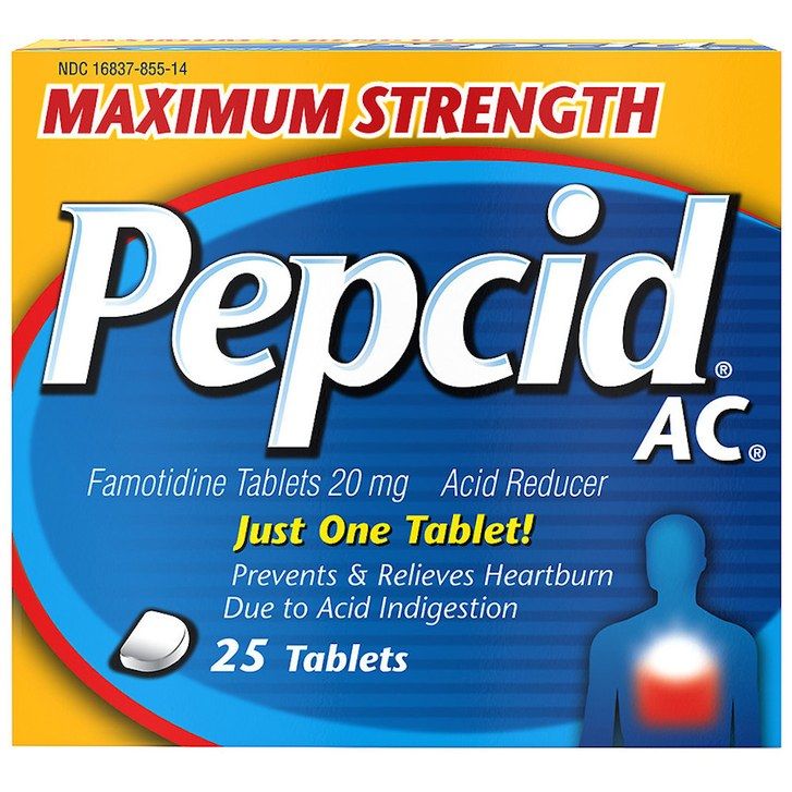 Pepcid AC Acid Reducer Tablets Maximum Strength in blue and yellow box