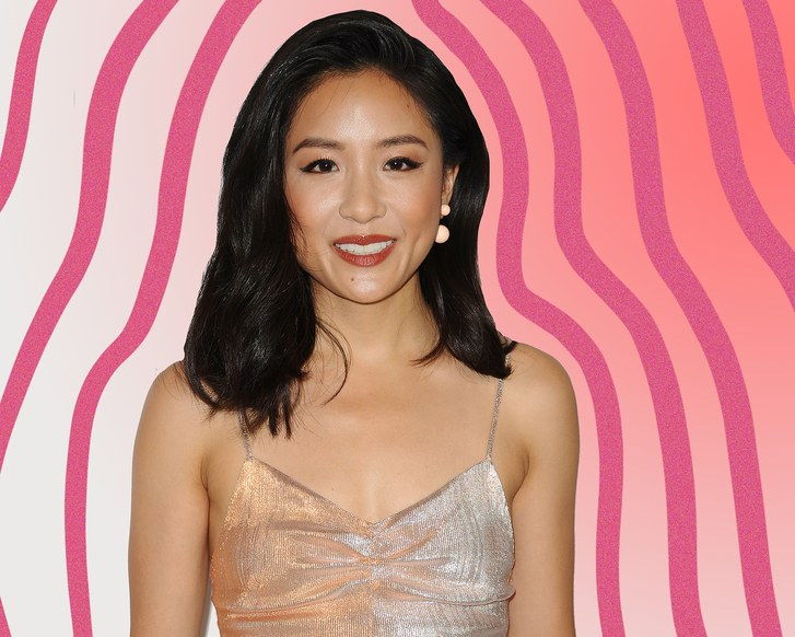 Constance Wu on colorful designed backdrop