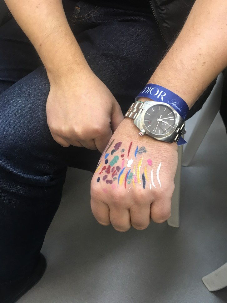 Swatches of Dior's new Diorshow On Stage Eyeliner backstage at the Dior Fall 2023 Show 