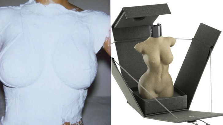 Най- KKW Body fragrance bottle next to Kim Kardashian West's body covered in plaster to make the mold for the bottle