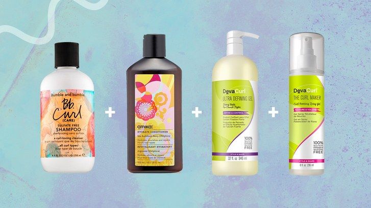 BB Curl Shampoo, Amika Hydrat Conditioner, Devacurl Definition Gel, Devacurl Curl Maker