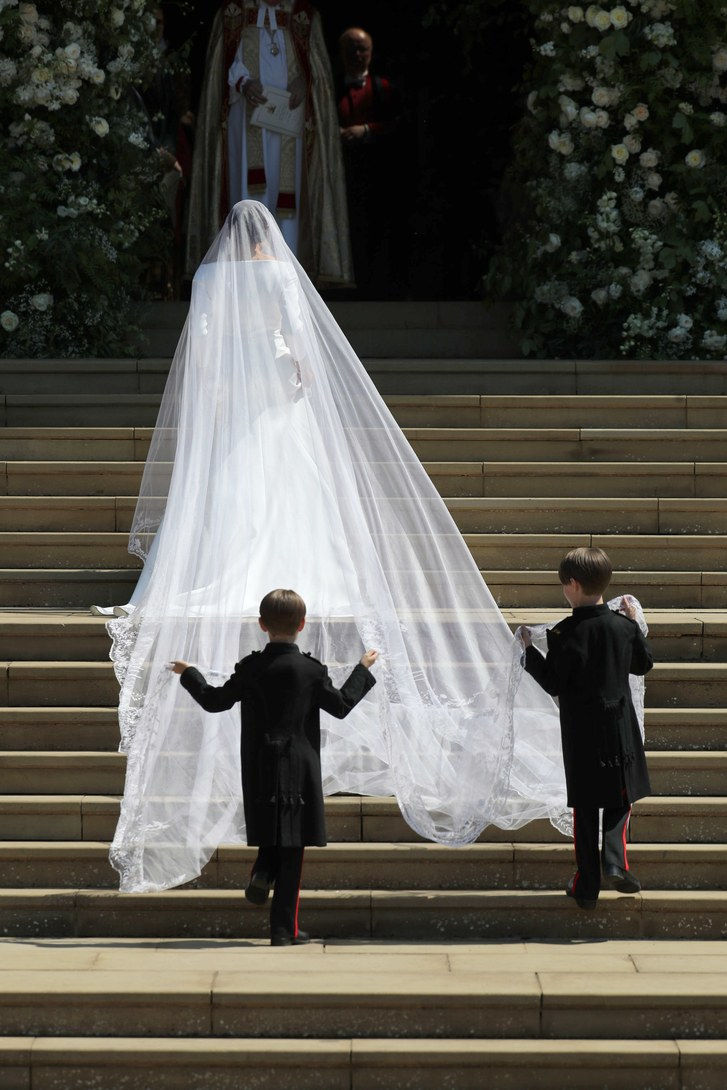 Meghan Markle and her bridal party arrive at St George's Chapel at Windsor Castle for her wedding to Prince Harry on May 19, 2023 in Windsor, England.