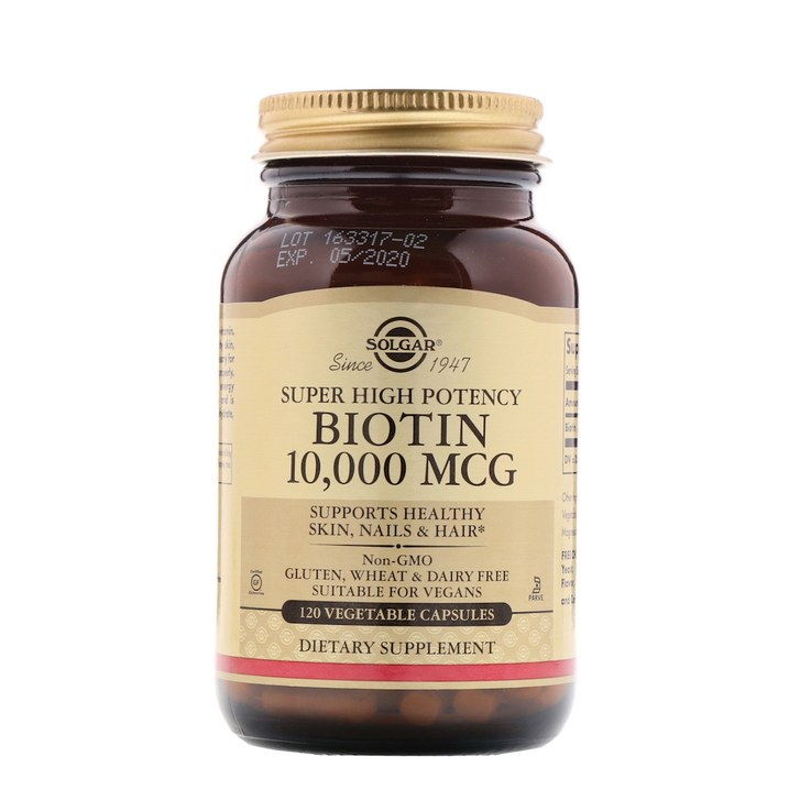 Solgar biotin في زجاجة مع تسمية البني