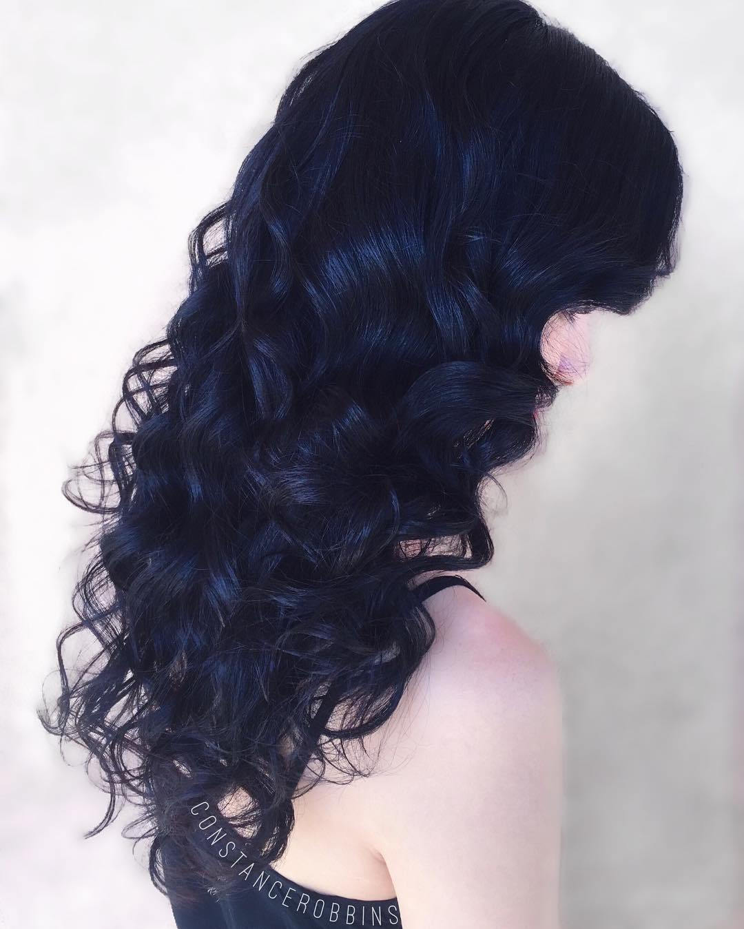дълго Curly Blue Black Hair