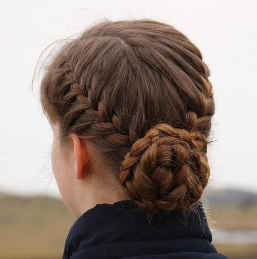две braids and a low braided bun updo