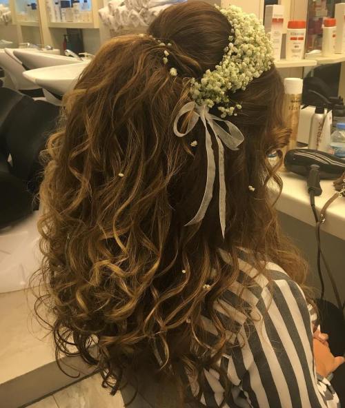 Boho Bridal Half Updo With Floral Headband